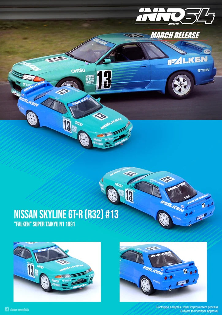 Inno64 1/64 Nissan Skyline GTR R32 #13 "FALKEN" Super Taikyu N1 1991